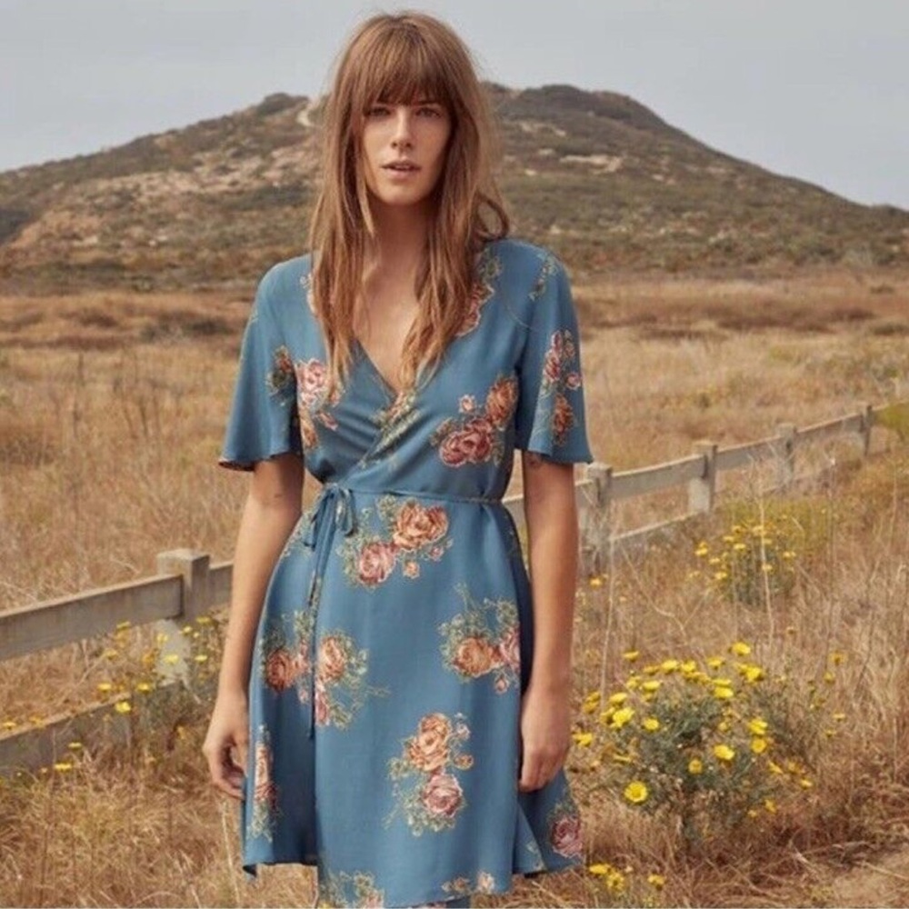 Christy Dawn The Anya Floral Crepe Mini Wrap Dress in Ocean Rose XS